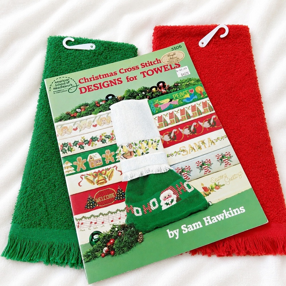 Christmas Cross Stitch Designs For Towels Hawkins Red Green + 2 Towels 80s Craft
